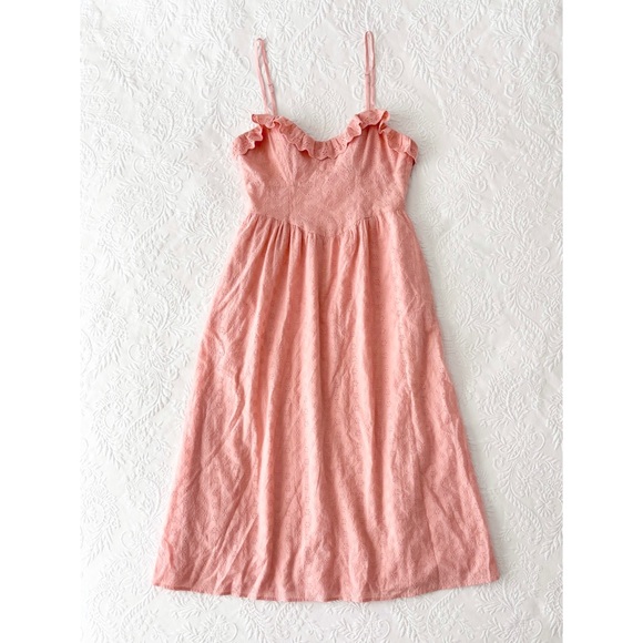 Lulus Lovely Weather Pink Embroidered Bustier Midi Dress with Pockets Small - Picture 2 of 8